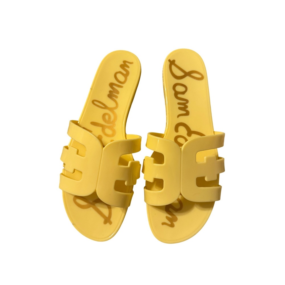 Sam Edelman Bay Jelly Slide Sandals Yellow Logo Cutout Flat Shoes Womens 10
